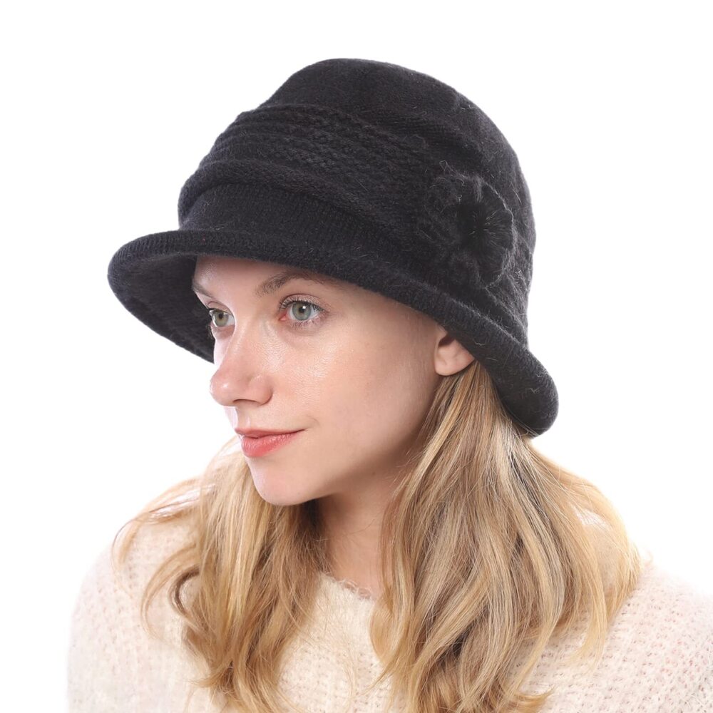 5546 Winter Warm Knitted Cloche Hat Vintage Church Bucket Hat with Flower